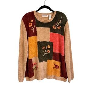 Alfred Dunner Patchwork Sweater Women 3X Plus Beige Floral Boho Grandma Pullover